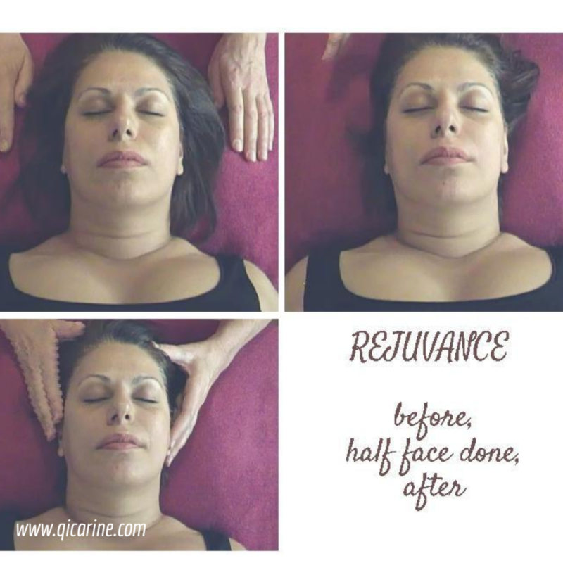 Three faces that show before mid and after results following Rejuvance facial massage